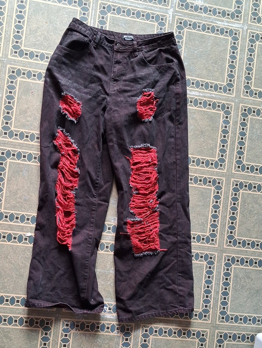 Hot Topic Red Ripped Baggy Wide Legged Jeans